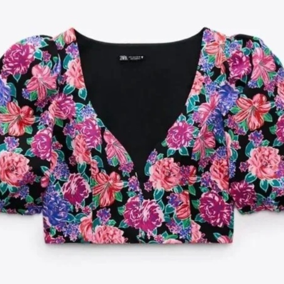 Zara Black Floral Crop Top - Picture 4 of 4